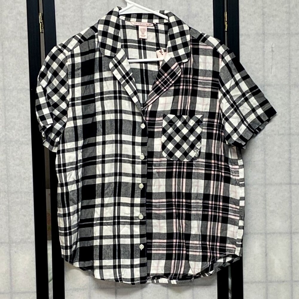 Victoria’s Secret Plaid Flannel Crop Pajama Shirt XS Short Sleeve Button Front